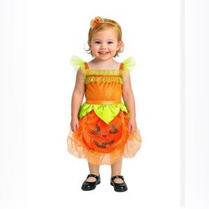 Girls Pumpkin Costume Orange & Green Sz S (4-6)